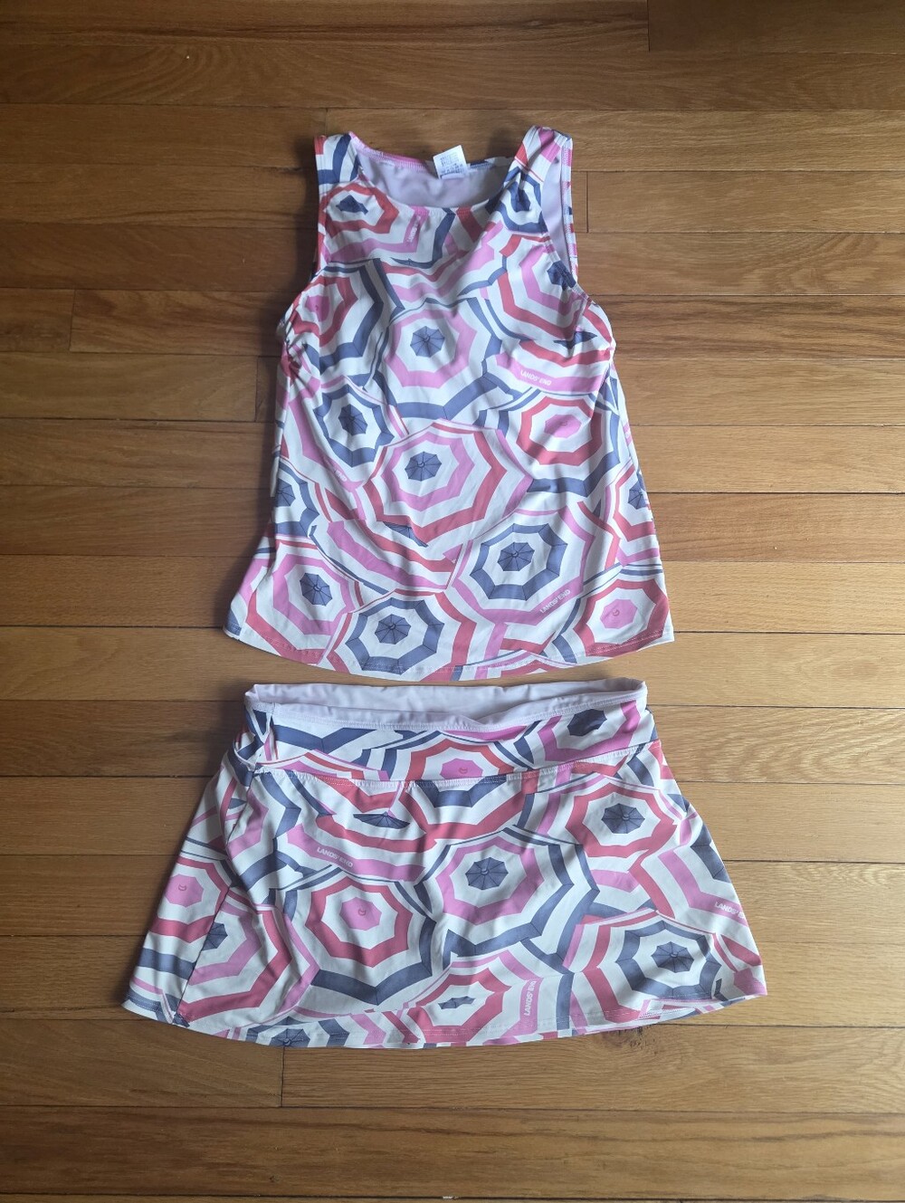Lands' End Pink, Coral and Navy Geometric Umbrella Swim Skirt Set Size‎ 10